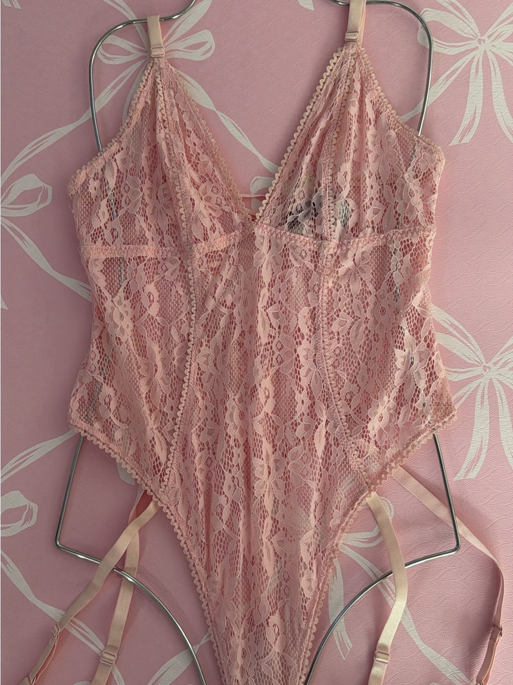 Adore Me Blush Pink Lace Bodysuit with Garter Straps
